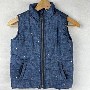 Tommy Hilfiger Puffer Vest Boys Size 5 Blue Logo Pockets Zip All over Logos